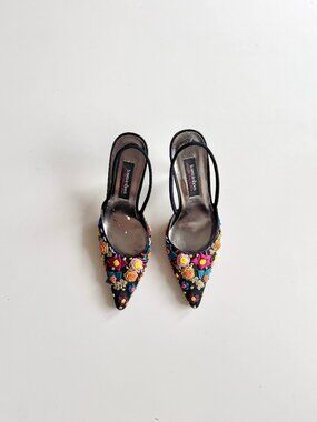 Vintage TOWN SHOES Black Satin Floral Embellished Slingback High Heels, Size 7.5